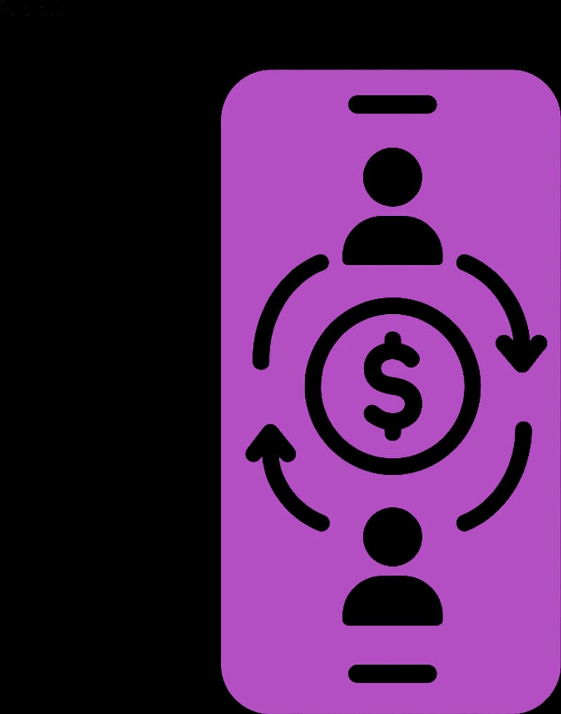 Icono de un teléfono con dos personas y una moneda circulando entre ellas