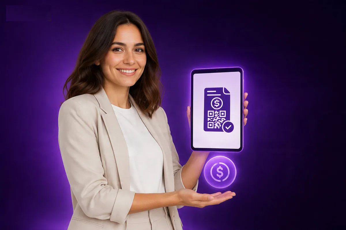 Persona revisando una factura electrónica con código QR de pago