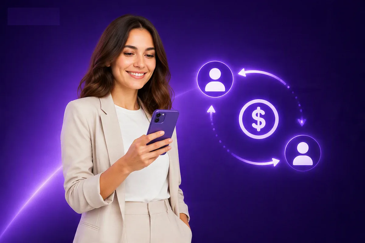 Mujer usando su teléfono junto a un diagrama de envío de dinero entre dos personas